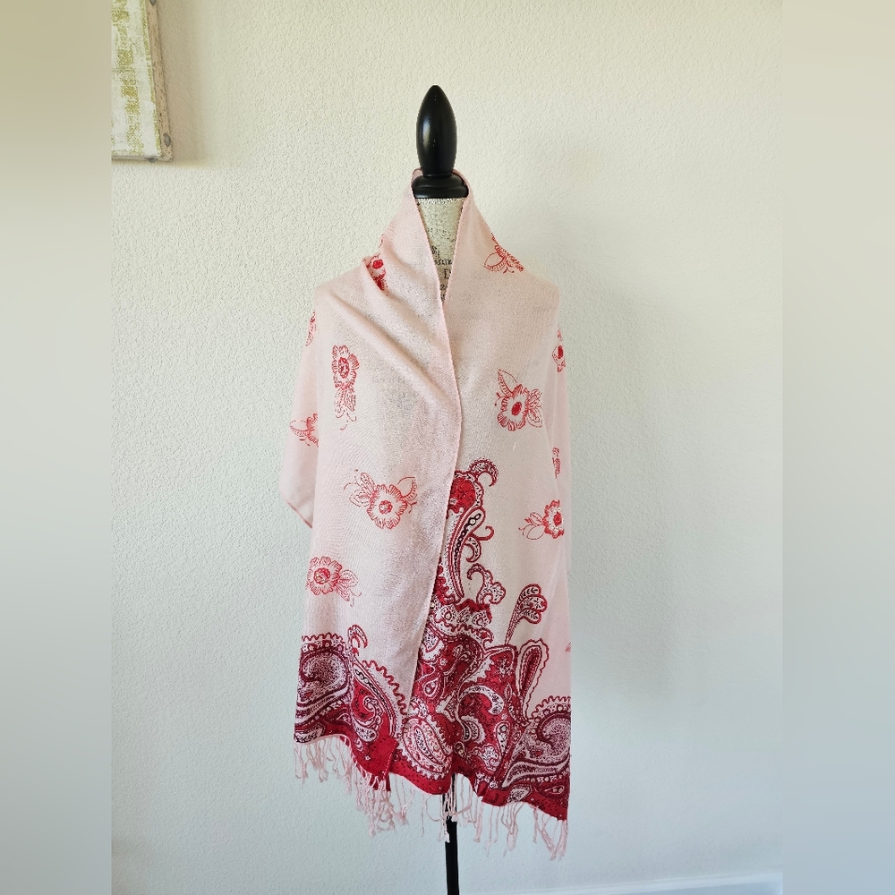 Vintage Old Navy Paisley Wool Scarf Pink Red Boho Wrap with Sequins & Fringe